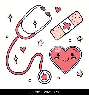 Cute heart with stethoscope and bandage cartoon vector medical Stock Vector
