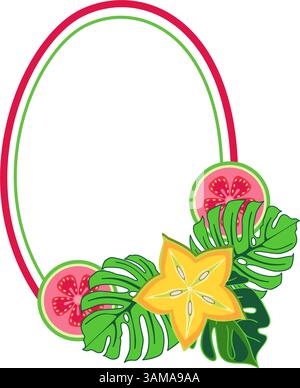 Oval frame with tropical guavas, star fruit, and monstera leaves vector illustration Stock Vector