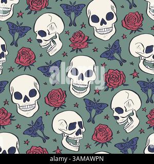 Seamless pattern with hand drawn inky floral skulls surrounded by luna moths and roses Stock Vector