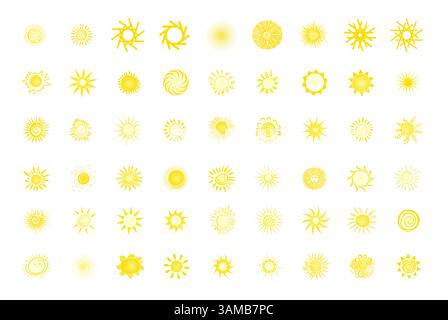 Large set of yellow suns. The sun objects are beautiful hand drawn. Not AI, Vector illustration Stock Vector