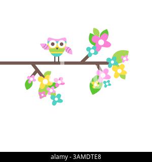 Spring Blossoms, A Colorful Blooming Branch with a Cute Owl Stock Vector