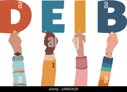 Multicultural Hands Holding Colorful Letters Forming the Word DEIB Isolated on Transparent Background Stock Vector
