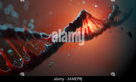 3D DNA spiral with microcosm molecules, illustrating genetic code development and biological evolution processes. Stock Photo