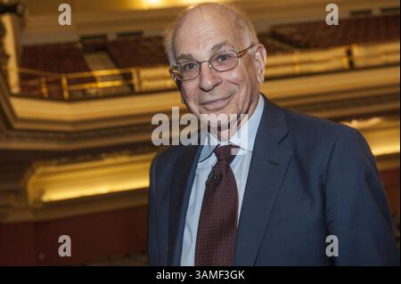 March 18, 2014 - London, London, UK - Nobel prize winner Daniel Kahneman author of best selling  'Thinking Fast and Slow' in conversation with David Baddiel at Methodist Central Hall Westminster. We should celebrate living in the present more he said and not denigrate the types of people who do such those with dementia observed Baddiel. (Credit Image: © Nick Cunard/ZUMAPRESS.com) Stock Photo