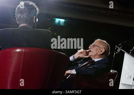 March 18, 2014 - London, London, UK - Nobel prize winner Daniel Kahneman author of best selling  'Thinking Fast and Slow' in conversation with David Baddiel at Methodist Central Hall Westminster. We should celebrate living in the present more he said and not denigrate the types of people who do such those with dementia observed Baddiel. (Credit Image: © Nick Cunard/ZUMAPRESS.com) Stock Photo