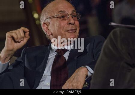 March 18, 2014 - London, London, UK - Nobel prize winner Daniel Kahneman author of best selling  'Thinking Fast and Slow' in conversation with David Baddiel at Methodist Central Hall Westminster. We should celebrate living in the present more he said and not denigrate the types of people who do such those with dementia observed Baddiel. (Credit Image: © Nick Cunard/ZUMAPRESS.com) Stock Photo