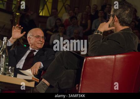 March 18, 2014 - London, London, UK - Nobel prize winner Daniel Kahneman author of best selling  'Thinking Fast and Slow' in conversation with David Baddiel at Methodist Central Hall Westminster. We should celebrate living in the present more he said and not denigrate the types of people who do such those with dementia observed Baddiel. (Credit Image: © Nick Cunard/ZUMAPRESS.com) Stock Photo