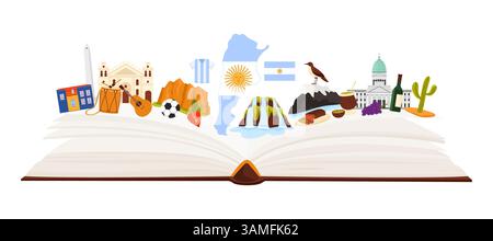 Argentina culture elements, language and landmarks study in infographic collage poster with open guide paper book for tourism, nature and monuments, musical instruments cartoon vector illustration Stock Vector