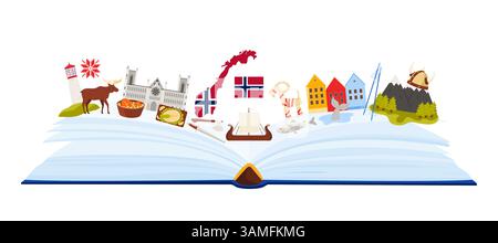 Norway culture elements and nature mountain and fjord landscape, Norwegian landmarks and language study in infographic book collage with traditional food, buildings cartoon vector illustration Stock Vector