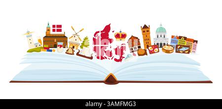 Culture elements and landmarks emblem of Denmark, language study in infographic collage with open paper book and kings crown, Danish map and flag, windmill and viking ship cartoon vector illustration Stock Vector
