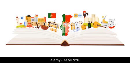 Portugal culture and cuisine, Portuguese landmarks and language study in infographic collage with open paper guide book and lighthouse, flag and map, Lisbon tram and palace cartoon vector illustration Stock Vector