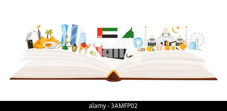UAE culture elements and landmarks, Arabic language study in infographic collage with open guide book and modern city buildings and heritage mosque, camel and hookah cartoon vector illustration Stock Vector