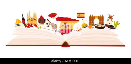 Spain culture elements and landmark, flamenco dance and Spanish language study in infographic collage. Flag and map, Sagrada Familia, food and wine in open guide book cartoon vector illustration Stock Vector