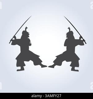 Silhouettes of samurai with weapons in attack, a samurai warrior with a sword Stock Vector