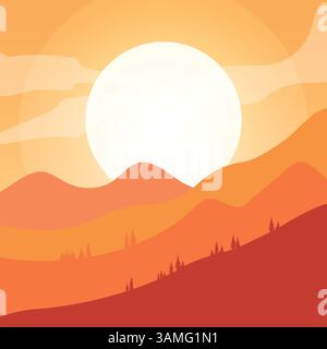 Minimalist mountain wallpaper, dark orange, Sun behind mountains, wallpaper, minimal abstract landscape background Stock Vector