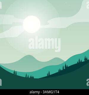 Minimalist mountain wallpaper, dark green, sunset, pine forest wallpaper, minimal abstract landscape background Stock Vector
