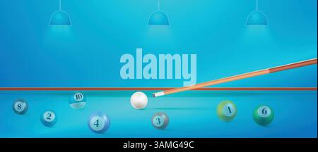 Billiard balls on the blue table with a cue and ball. American billiards, snooker table blue light, Vector illustration Stock Vector