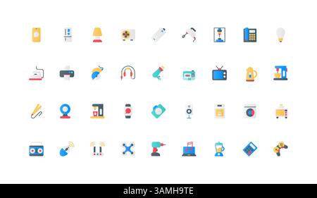 Gadgets and multimedia devices, electrical appliances for kitchen and household color icon set. TV and coffee machine, camera and headphones, drone and gamepad flat elements vector illustration Stock Vector