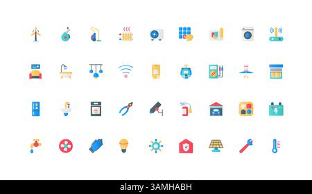 Home utility services, electricity, heat and water supply, garage for car color icon set. Energy consumption meter, battery and climate control, access and security flat elements vector illustration Stock Vector