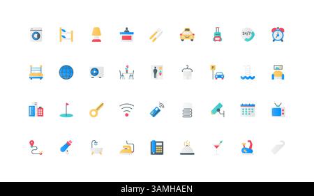 Hotel hospitality, booking and accommodation of tourists in room, cleaning service color icon set. Parking and elevator, taxi call at reception, TV and bed, key flat elements vector illustration Stock Vector