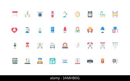 Home furniture, sanitary equipment and interior decor items color icon set. Sofa and armchair, air conditioning and lighting, green plants and vase for comfort flat elements vector illustration Stock Vector