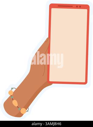 Sticker Of Hand Holds Phone Stock Vector