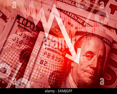 Down stock market, dollar weakens, business financial, inflation, online Investment concept. Fall arrow stock graph data with percentage icon on Ameri Stock Photo