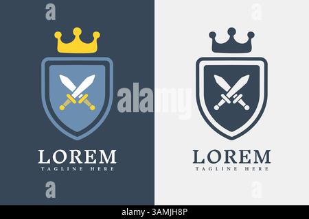Two logo designs that display a shield with a cross and crown sword, suitable for fantasy or heroic themes. Stock Vector