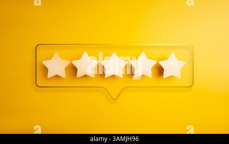 Shining gold frame, speech bubble with five wooden stars ratings inside, on yellow background. Highest level of excellence quality or satisfaction, cu Stock Photo