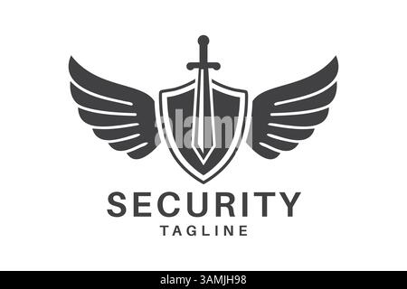 A stylized logo featuring a shield, sword, and wings, representing security and protection. Stock Vector