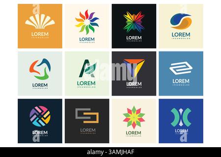 A diverse group of 12 unique logo designs, showcasing various abstract shapes and colors for businesses. Stock Vector
