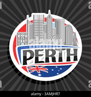Vector logo for Perth, decorative cut paper tag with outline illustration of urban perth cityscape on day sky background, art design round refrigerato Stock Vector