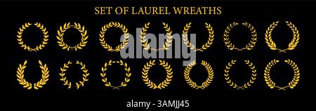 Laurel Wreath Vector Set. Collection of Foliate Award Wreaths for Cinema Festivals. Laurel wreath of victory icon, set of gold. Stock Vector