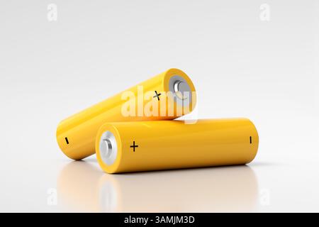 Two yellow aa batteries are lying on a reflective white surface, providing portable power. 3D render Stock Photo