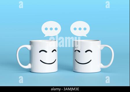 Positive communication and dialogue concept. Two mugs with smiley faces are enjoying a friendly chat, speech bubbles suggesting a lighthearted convers Stock Photo