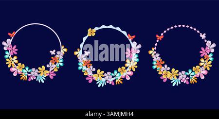 Set of bright easter frames with colorful flowers and butterflies. Easter celebration background. Spring frame for card, invitation. Stock Vector