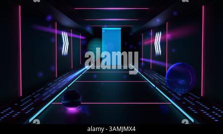 Digital technology. Future data center. Neon glow light. Information cloud database. Empty hall with door or portal. Cyber tech server gate. Cyberpunk 3D interior. Abstract spheres. Vector background Stock Vector