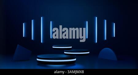 Blue podium. 3D light product platform. Neon winner tech arena or hologram digital room. Futuristic empty showroom. Presentation stage. Hovering step pedestal. Led lamp glow. Vector render background Stock Vector