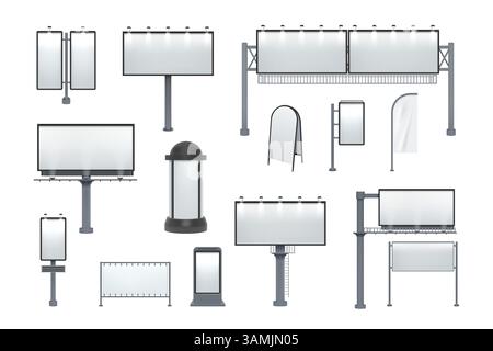 Realistic billboards. Digital outdoor sign. Street light or road sign mockup. Vertical and horizontal 3D ad formats. Urban lightboxes. Commercial announcement banner. Vector blank roadside boards set Stock Vector