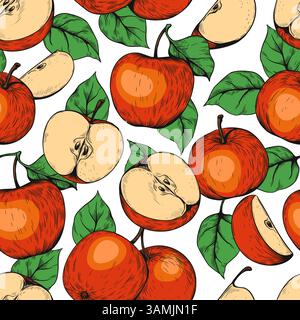 Apple seamless pattern. Fruit colorful sketch style. Summer background. Hand drawn red and green elements. Decor textile, wrapping paper, wallpaper. Print for fabric. Vector botanical illustration Stock Vector