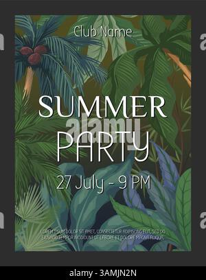 Summer party invitation design. Tropical poster template, coconut plant and green exotic rainforest plants. Jungle botany natural background. Beach flyer or poster. Vector isolated illustration Stock Vector