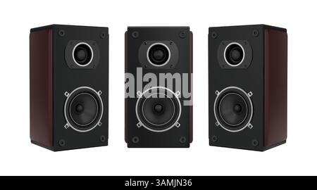 Music speaker. Audio recorder. Sound loudspeaker system. Black stereo acoustics. Disco woofer front side. Studio bass. Multimedia electronic equipment. Musical volume. Vector 3D boombox objects set Stock Vector