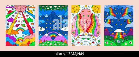 Psychedelic rainbows. Retro art poster. Vintage sixties landscape or 1970s mosaic forest. Sun and sky clouds. Crazy eyes.1960s nature. Starry night. Hippie hallucinogen. Vector surreal banners set Stock Vector