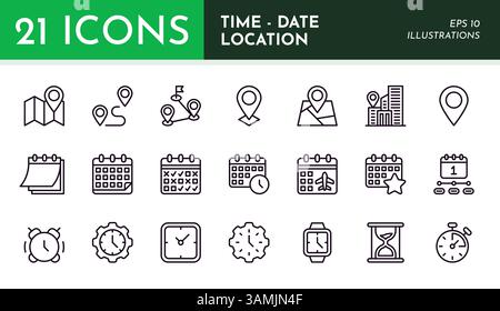 Calendar icons. Clock and map location pin. Schedule time. Event date and place. Appointment organizer. Address duration. Web alarm or contact. Hourglass stopwatch. GPS roadmap. Vector pictograms set Stock Vector