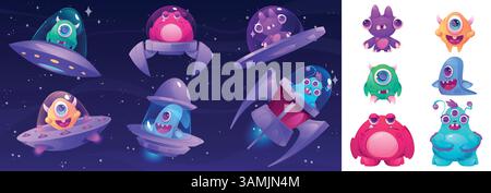 Space aliens. Cute ufo monster, funny animal character for fun toy spacecraft creature collection. Galaxy spacecraft with futuristic monster, fantasy animals in rocket. Vector cartoon isolated set Stock Vector