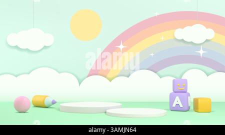 Cute background. 3D baby podium. Product platform or display in pastel scene. Children presentation render. Childish exhibition stage. Rainbow and sky Stock Vector
