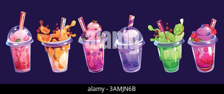 Fruit drink. Cute mango and strawberry juice cocktail for cafe, ice glass cup with fresh summer lemon and blueberry. Sketch for banner with lemonade or milkshake, menu elements. Vector background Stock Vector