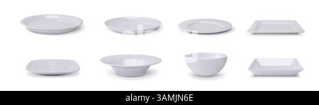 White plate. Dish side view, empty aerial dinner shot above blank porcelain dinner crockery, lunch place top, dinner tableware different forms, serving bowl. Vector 3d isolated kitchenware object Stock Vector