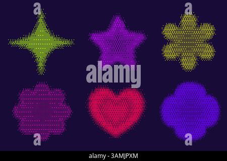 Bitmap pattern shapes. Heart star and flowers halftone gradient elements on dark background. Y2k graphic abstract icons. Dither noisy star with grunge Stock Vector