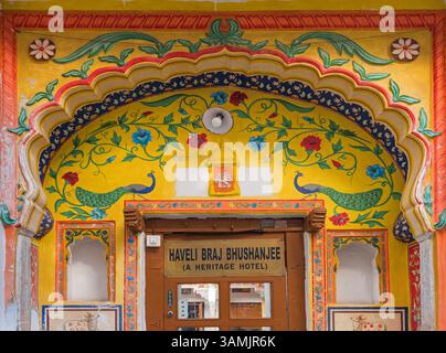 Ornate haveli heritage hotel entrance Bundi Rajasthan India Stock Photo